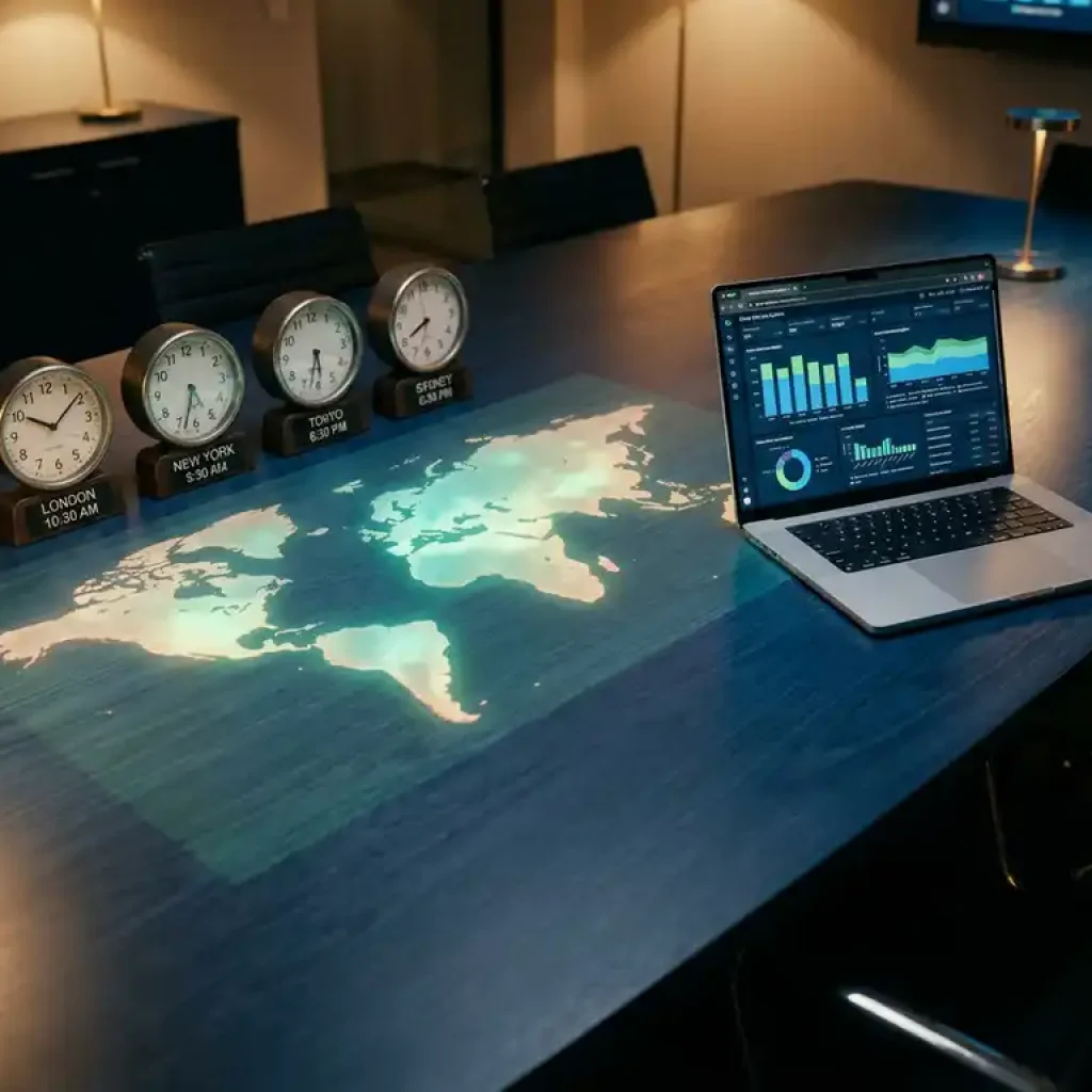 Eine leuchtende Weltkarte, projiziert auf einen dunkelblauen Konferenztisch neben analogen Uhren, die verschiedene Zeitzonen anzeigen, und einem Laptop, auf dem Cloud-Kosten-Dashboards zu sehen sind.