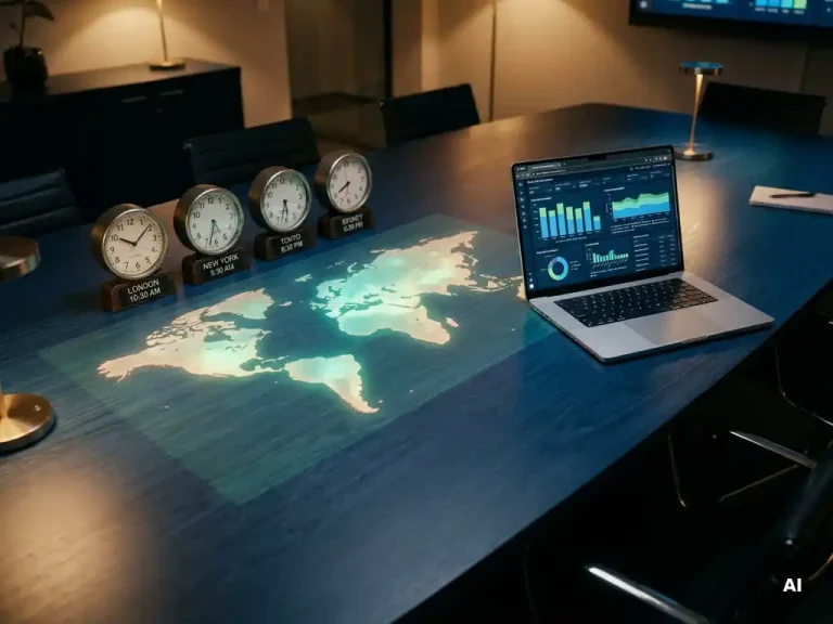 Glowing world map projected on a dark-blue conference table beside analog clocks showing multiple time zones and a laptop displaying cloud cost dashboards.