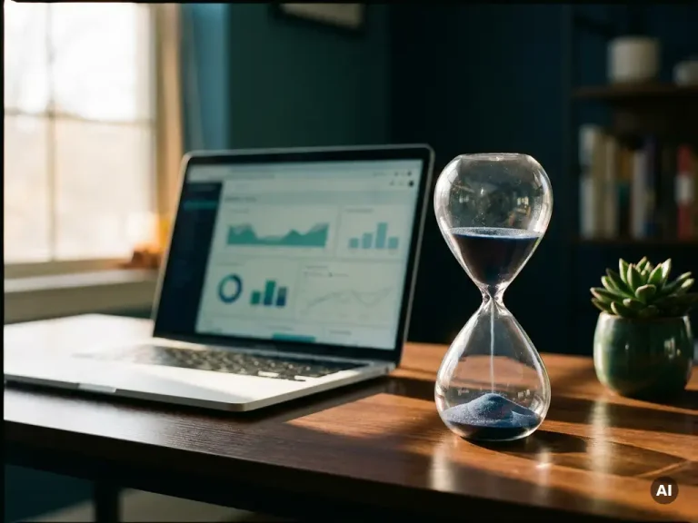 Analog hourglass with dark blue sand beside an open laptop showing data dashboards on a polished desk in warm afternoon light.