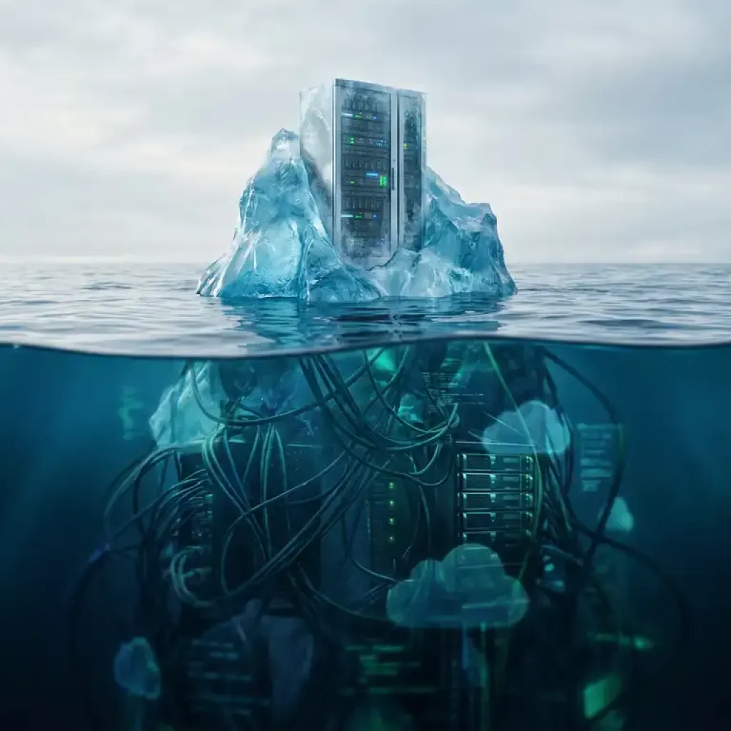 Ein Eisberg in dunklen arktischen Gewässern, dessen sichtbare Spitze die Form eines Server-Racks hat; aus dem unter Wasser liegenden Teil ragen verwickelte Kabel und eine Cloud-Infrastruktur hervor.