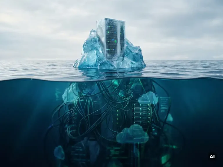 Iceberg in dark arctic water with visible tip shaped as a server rack, submerged mass revealing tangled cables and cloud infrastructure.