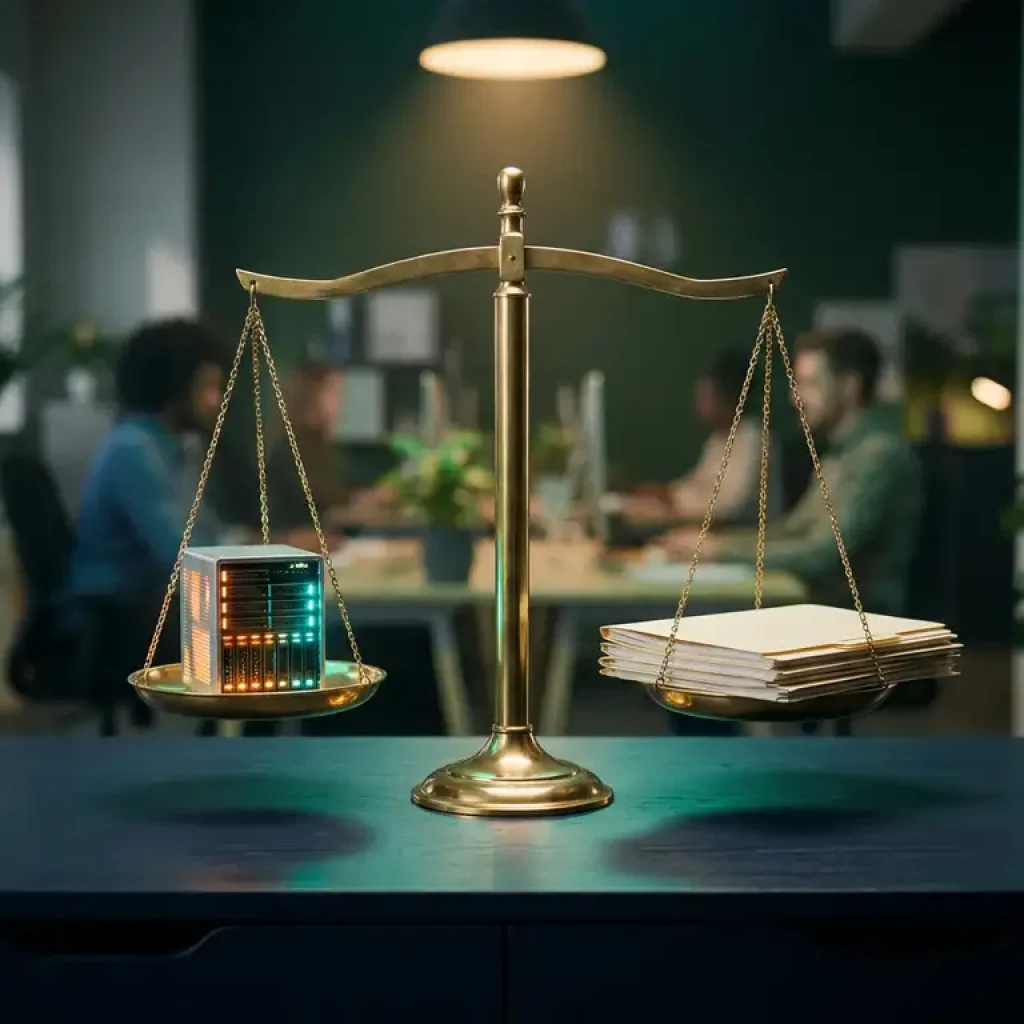 Brass balance scale weighing a glowing server unit against financial report folders on a navy desk in a modern office.