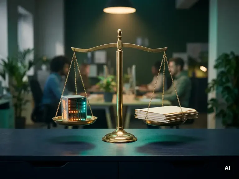 Een messing weegschaal waarop een verlichte server wordt afgewogen tegen mappen met financiële rapporten op een marineblauw bureau in een modern kantoor.