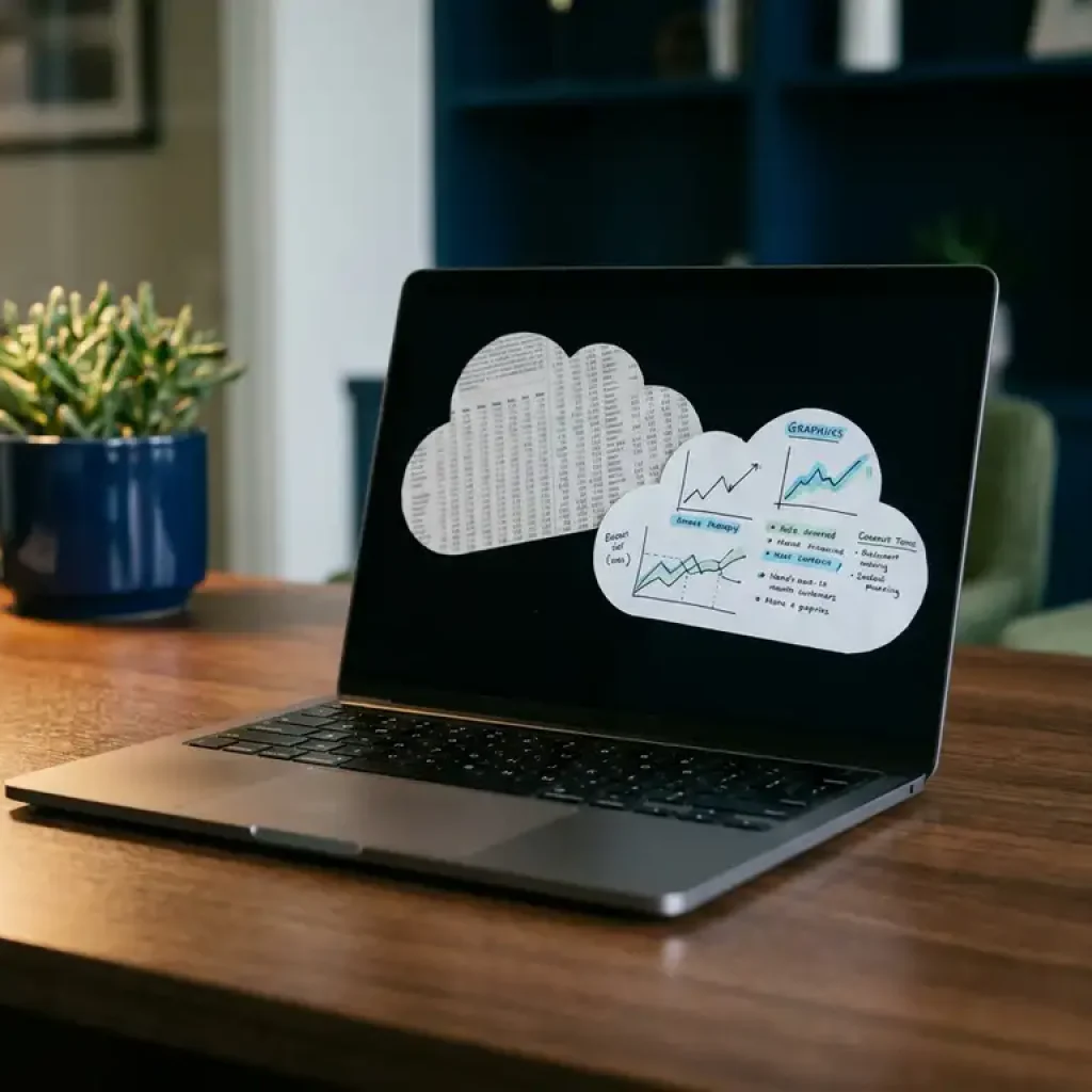 Ein geöffneter Laptop auf einem dunklen Schreibtisch, auf dem zwei Cloud-Dokumente zu sehen sind – eines voller Rohdaten, das andere mit übersichtlichen Zusammenfassungen und Trendlinien – in einem modernen Büro.