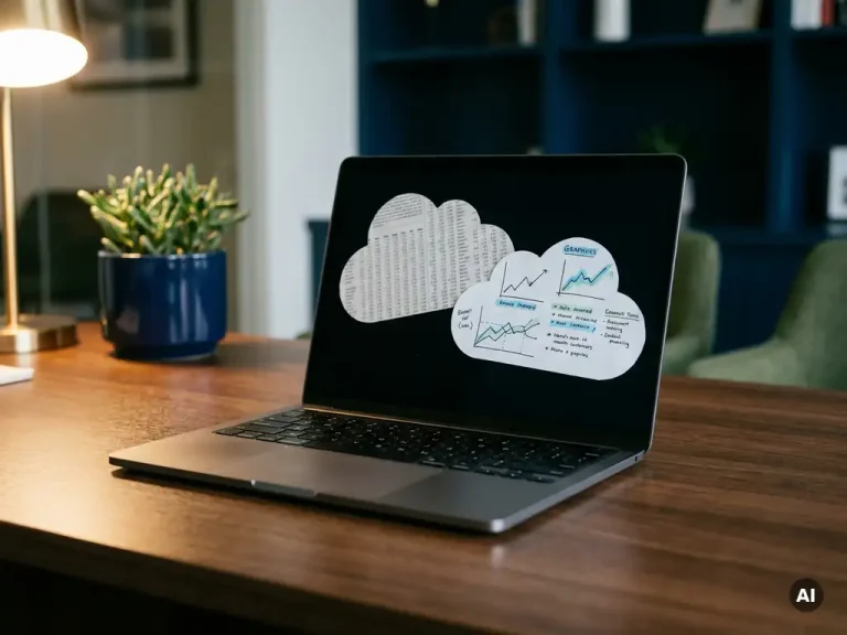 Open laptop on a dark desk displaying two cloud documents—one dense with raw data, one with clean summaries and trend lines—in a modern office.