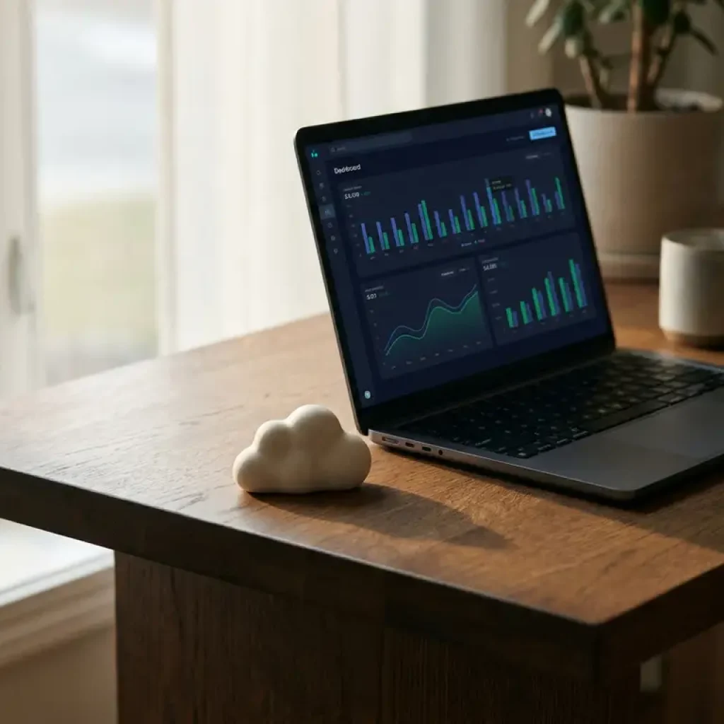 Ein geöffneter Laptop auf einem Schreibtisch aus dunkler Eiche, auf dem ein Analyse-Dashboard mit Balkendiagrammen zu sehen ist; neben der Tastatur liegt ein Briefbeschwerer in Wolkenform; sanftes, natürliches Licht.