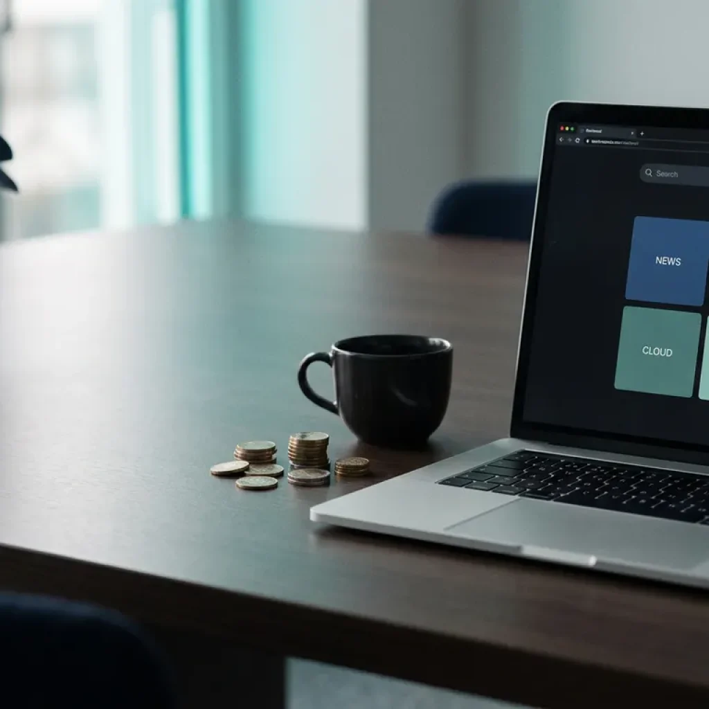 Open laptop displaying subscription dashboard tiles on a modern desk, with euro coins and coffee cup nearby in a dark navy office setting.