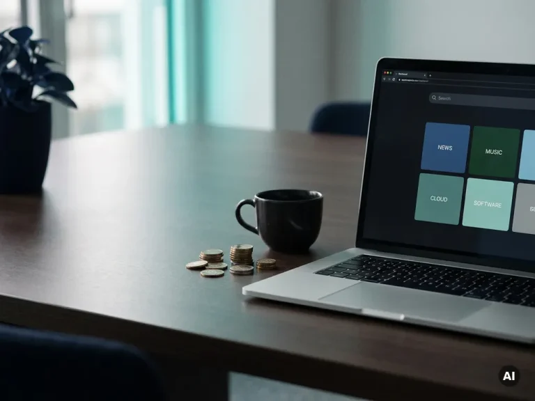 Open laptop displaying subscription dashboard tiles on a modern desk, with euro coins and coffee cup nearby in a dark navy office setting.