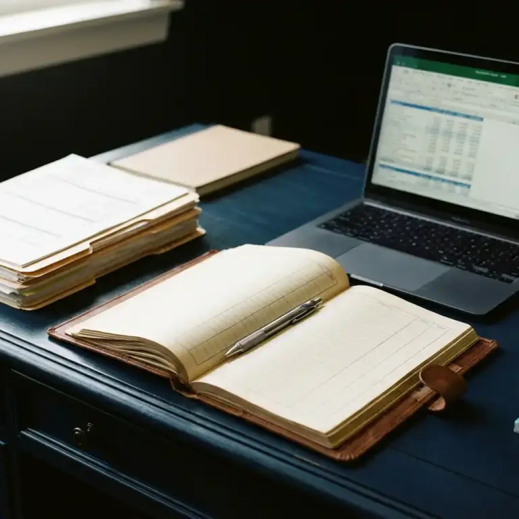 Leather-bound ledger open to ruled pages with a mechanical pen resting across it, flanked by financial reports and a laptop displaying data tables.