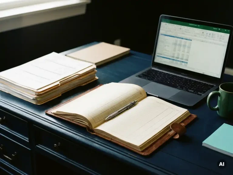 Een in leer gebonden grootboek, open op gelinieerde pagina’s, met een mechanische pen die eroverheen ligt, geflankeerd door financiële rapporten en een laptop waarop gegevenstabellen te zien zijn.