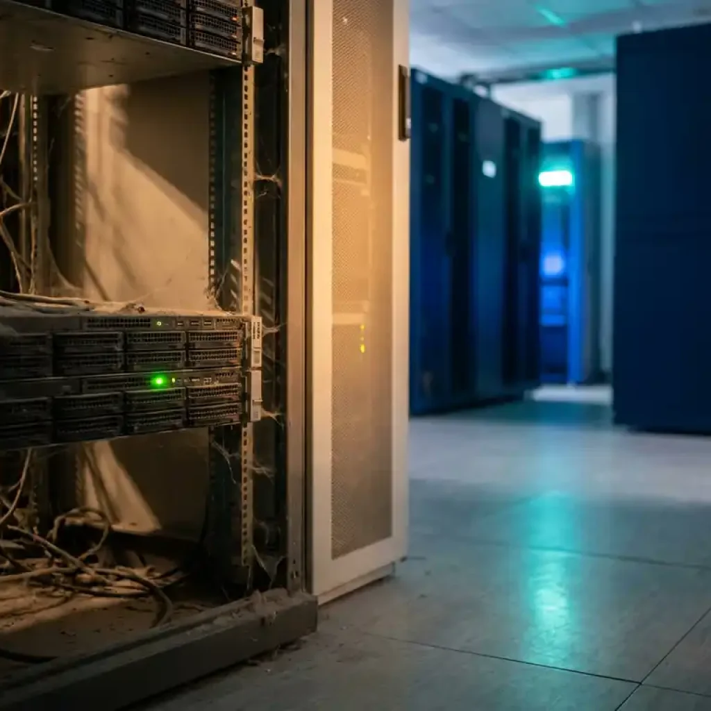 Dusty neglected server rack with one blinking green indicator light amid dormant servers in a modern data center.