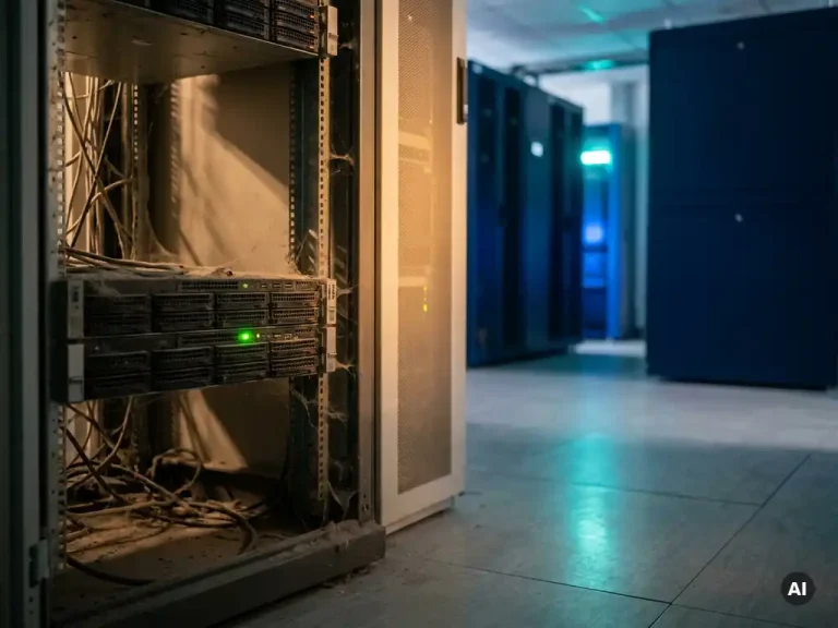 Een stoffig, verwaarloosd serverrek met één knipperend groen lampje te midden van inactieve servers in een modern datacentrum.