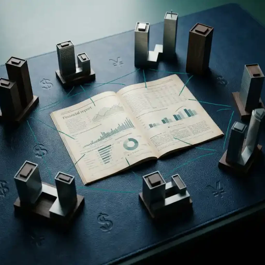 Vue aérienne en « flat lay » d'un rapport financier et de maquettes miniatures d'immeubles de bureaux posés sur un bureau bleu marine, reliés par des lignes d'encre bleu sarcelle ornées de symboles monétaires en relief.