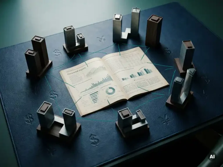 Vue aérienne en « flat lay » d'un rapport financier et de maquettes miniatures d'immeubles de bureaux posés sur un bureau bleu marine, reliés par des lignes d'encre bleu sarcelle ornées de symboles monétaires en relief.
