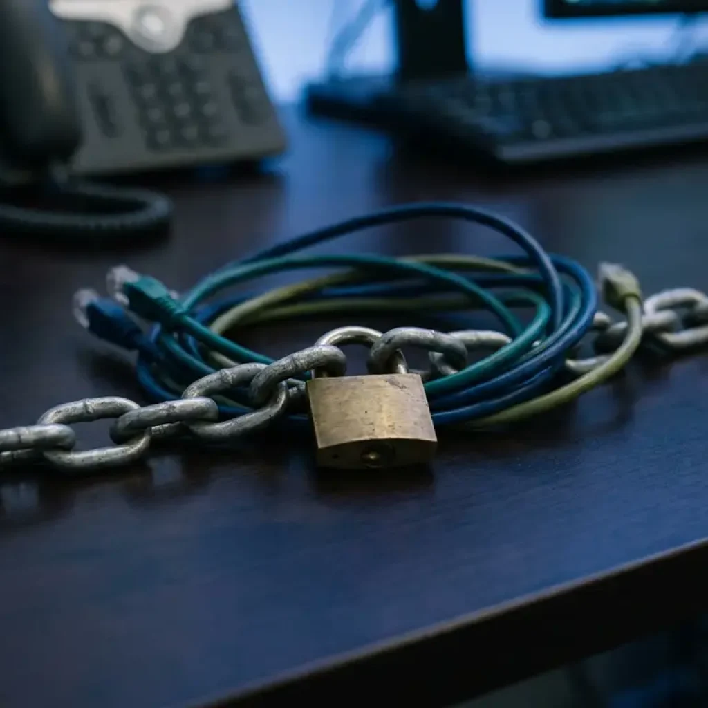 Eine schwere Stahlkette mit einem mit einem Vorhängeschloss verschlossenen Glied, die sich auf einem dunkelblauen Schreibtisch mit Serverkabeln verflechtet und digitale Sicherheit symbolisiert.