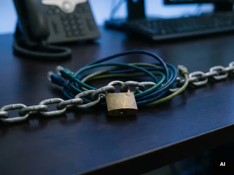 Heavy steel chain with a padlocked link intertwined with server cables on a dark navy desk, symbolizing digital security.