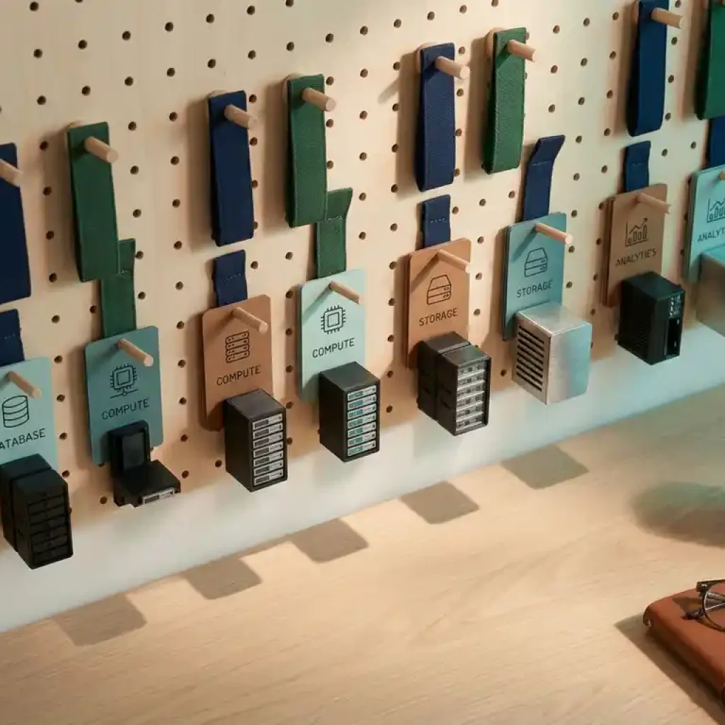 Eine Lochwand mit farbcodierten Etiketten, auf der Miniaturmodelle von Cloud-Servern nach Kategorien in Marineblau- und Waldgrüntönen sortiert sind.