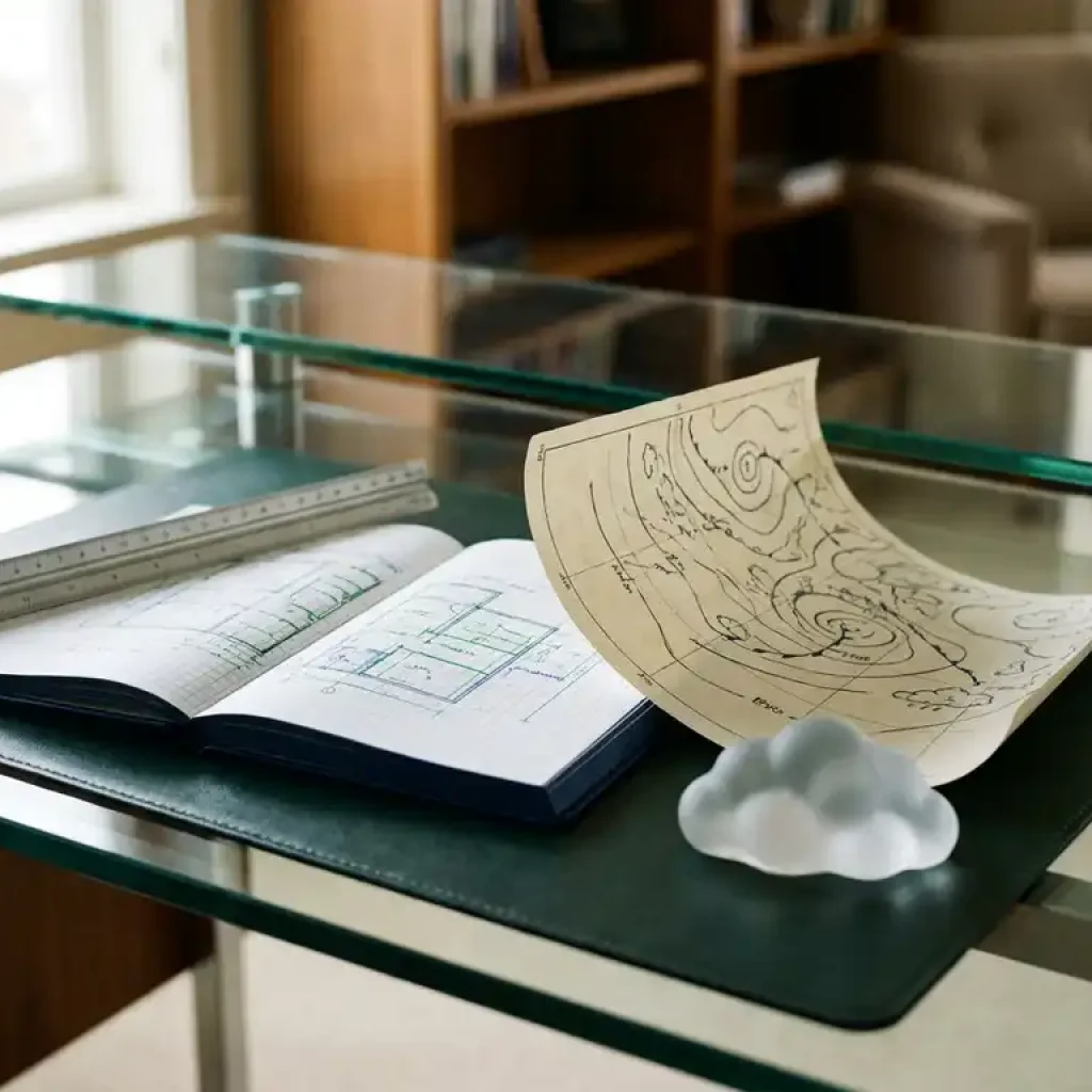 Architectural ruler and grid notebook beside a curved weather chart on a glass desk, anchored by a cloud-shaped paperweight in navy and forest green tones.