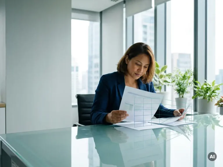 Procurement professional reviewing a supplier evaluation framework on a glass desk in a sunlit corporate office with floor-to-ceiling windows.