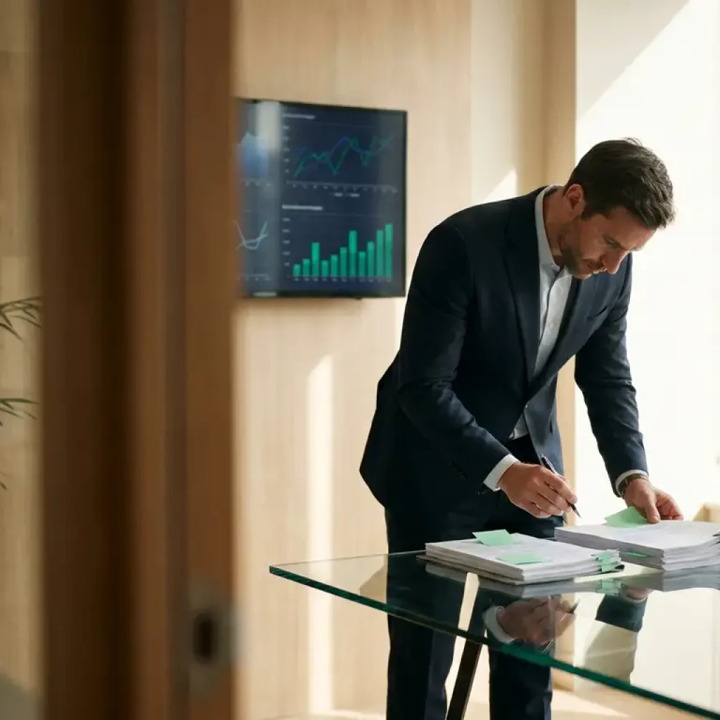Ein Geschäftsmann vergleicht zwei Dokumentenstapel auf einem Glastisch, während in einem modernen Firmenbüro Finanzdaten visuell dargestellt werden.