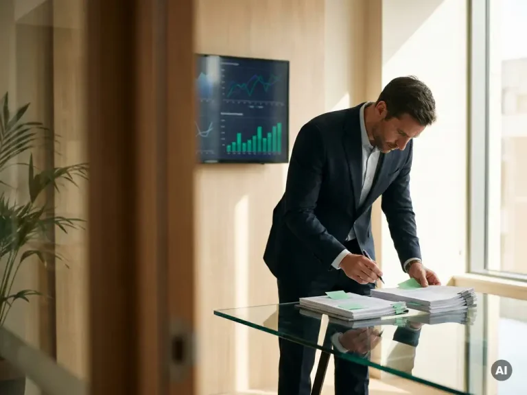 Ein Geschäftsmann vergleicht zwei Dokumentenstapel auf einem Glastisch, während in einem modernen Firmenbüro Finanzdaten visuell dargestellt werden.