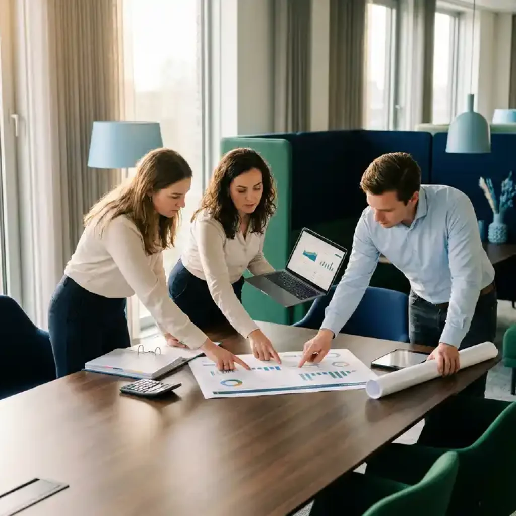 Ein Finanzanalyst, ein Ingenieur und ein Datenstratege besprechen gemeinsam einen Dashboard-Ausdruck in einem modernen Büro in Utrecht mit raumhohen Fenstern.