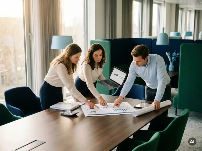 Finance analyst, engineer, and data strategist collaborating over a dashboard printout in a modern Utrecht office with floor-to-ceiling windows.