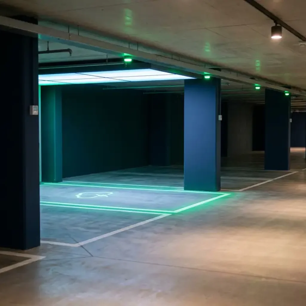 Ein reservierter Parkplatz, der unter einer Deckenleuchte in einer dunklen Tiefgarage eines Unternehmens mit marineblauen Säulen und einer grünen Kontrollleuchte leuchtet.