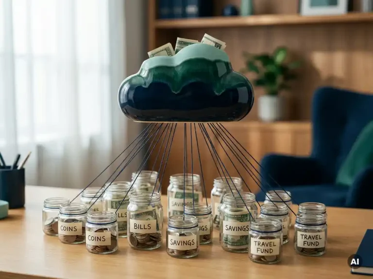Labeled glass jars filled with coins and folded currency connected by navy lines to a central cloud-shaped ceramic vessel on an organized desk.