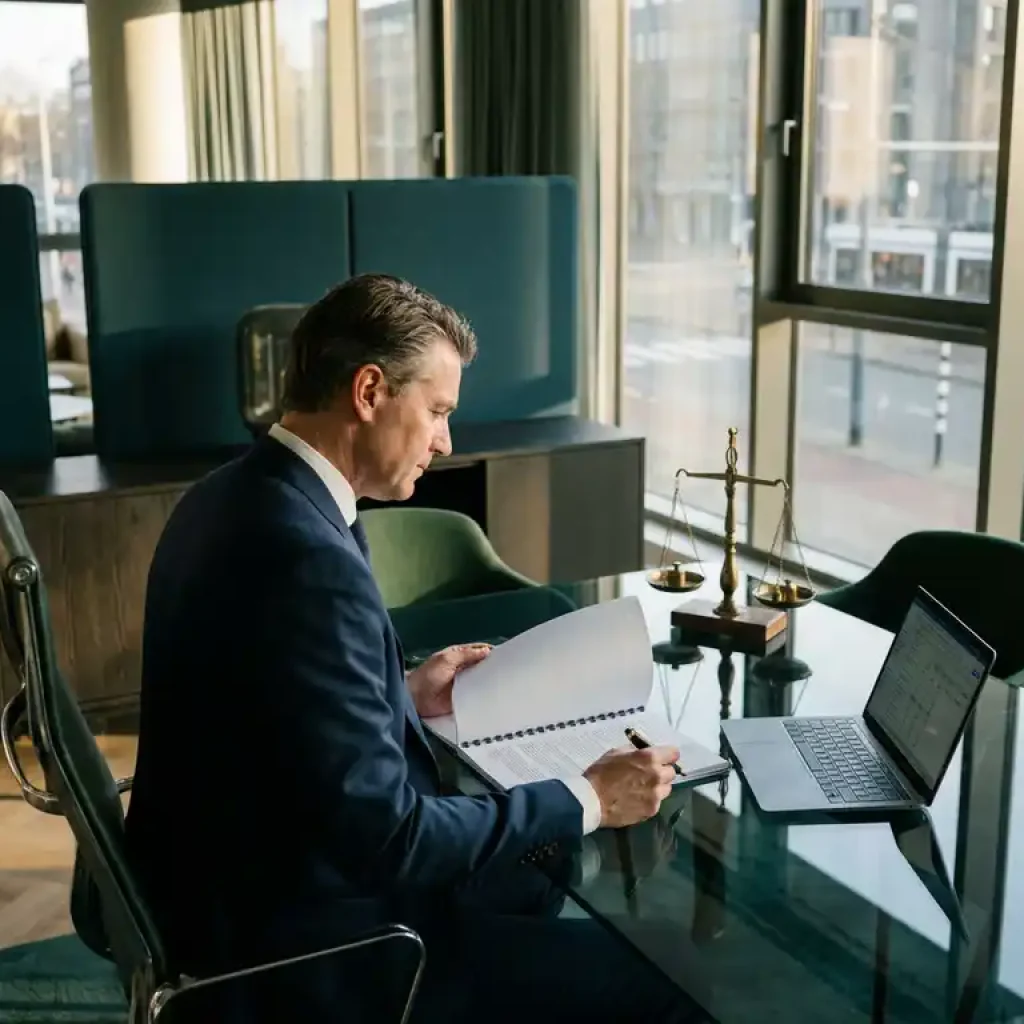 Senior finance professional reviewing an approval document beside a brass balance scale and laptop in a modern Dutch office with floor-to-ceiling windows.