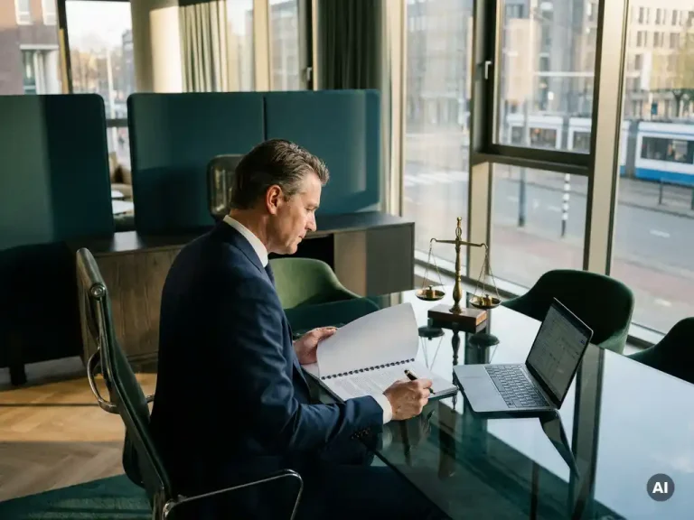 Een ervaren financieel medewerker die een goedkeuringsdocument doorneemt naast een koperen weegschaal en een laptop in een modern Nederlands kantoor met ramen van vloer tot plafond.