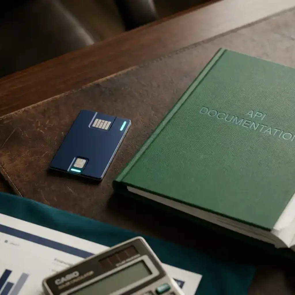 Enterprise server access card beside an open API documentation binder on a navy and forest green executive desk.