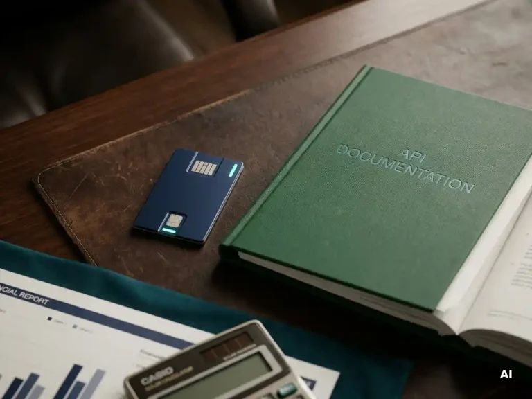 Enterprise server access card beside an open API documentation binder on a navy and forest green executive desk.