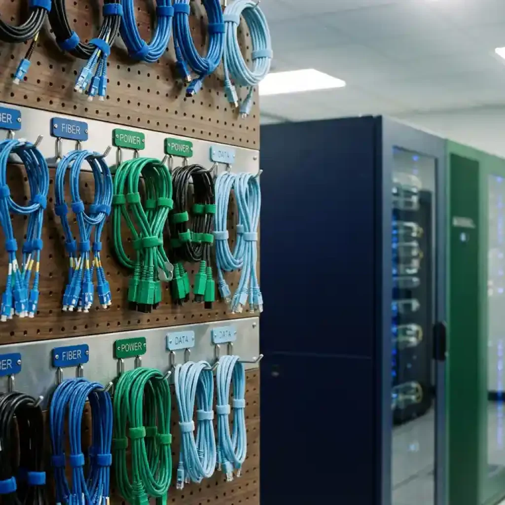Eine Lochwand mit farbcodierten Haken, an denen leuchtende Serverkabelstecker in einem modernen IT-Serverraum nach Kategorien sortiert sind.
