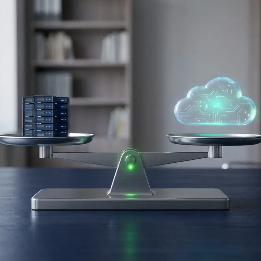 Eine Waage, auf der ein herkömmlicher Server-Stack und ein leuchtendes Cloud-Computing-Modell auf einem dunkelblauen Schreibtisch nebeneinander stehen.
