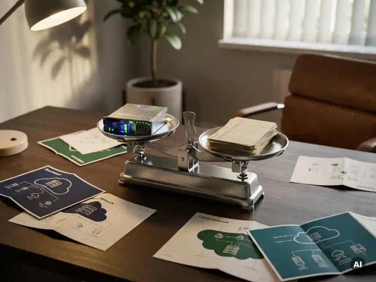 Digital scale balancing a glowing server unit against financial ledger cards, surrounded by cloud infrastructure diagrams on a modern desk.
