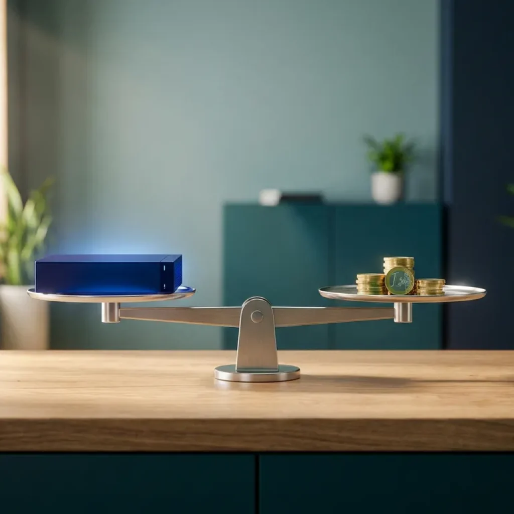 Balance scale with a glowing navy server unit and euro coins at equal weight, symbolizing cost-efficient cloud infrastructure management.