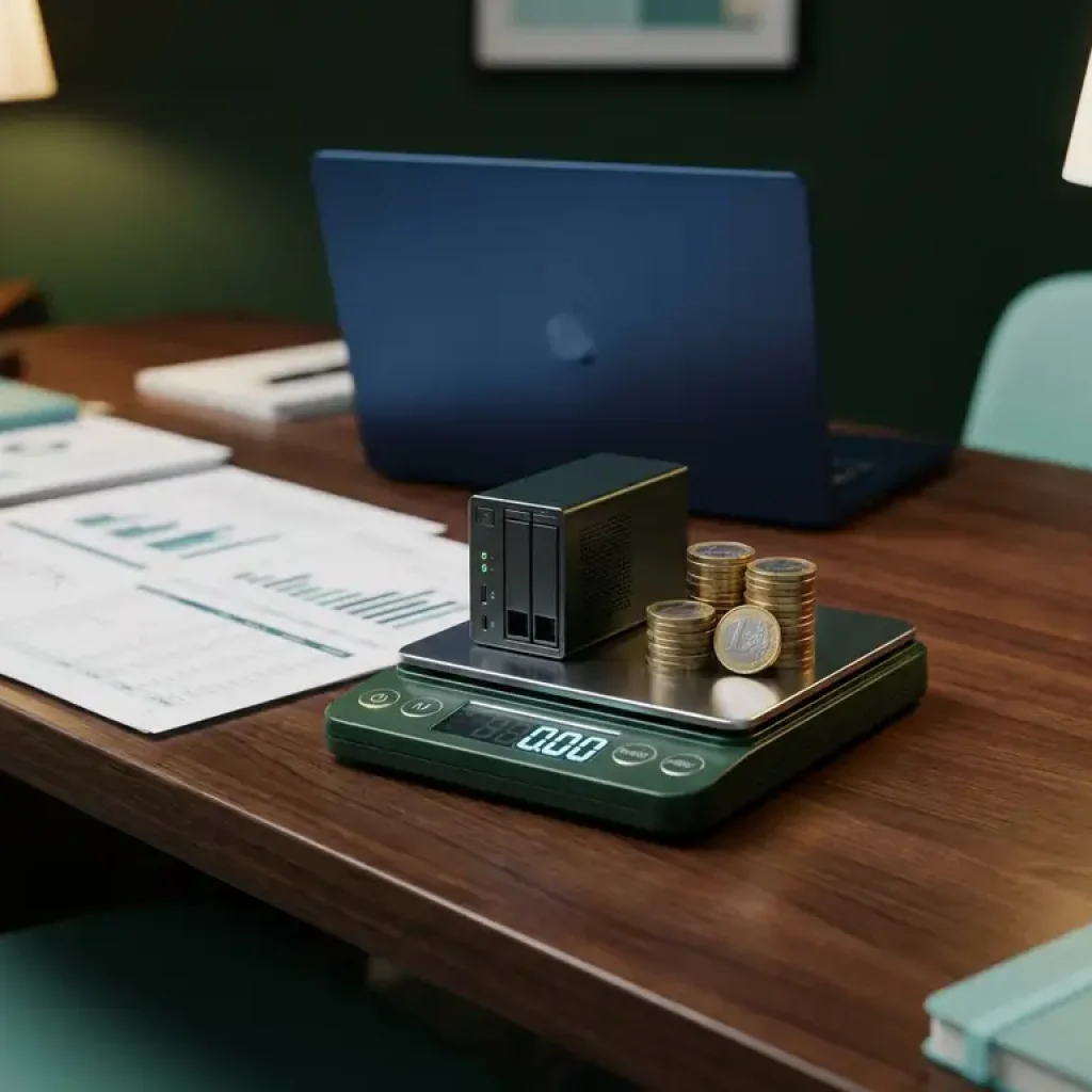 Eine digitale Waage, auf der eine kleine Servereinheit gegen Euro-Münzen abgewogen wird, steht auf einem modernen Schreibtisch, auf dem Finanzbuchhaltungsunterlagen und ein Laptop liegen.