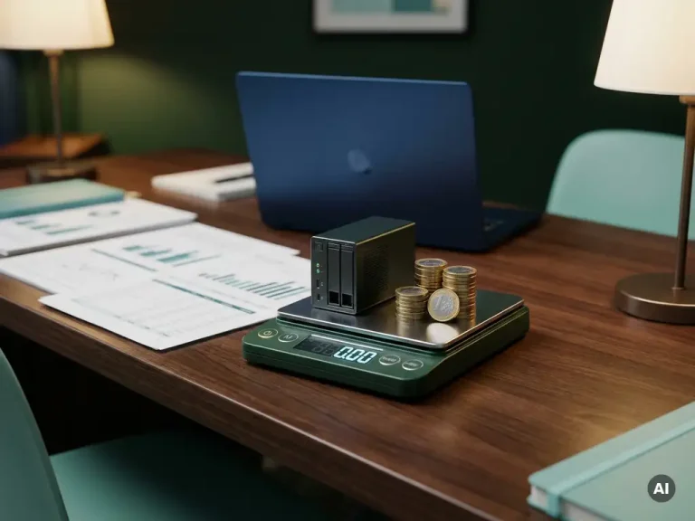 Digital scale balancing a small server unit against euro coins on a modern desk with financial ledger sheets and a laptop nearby.
