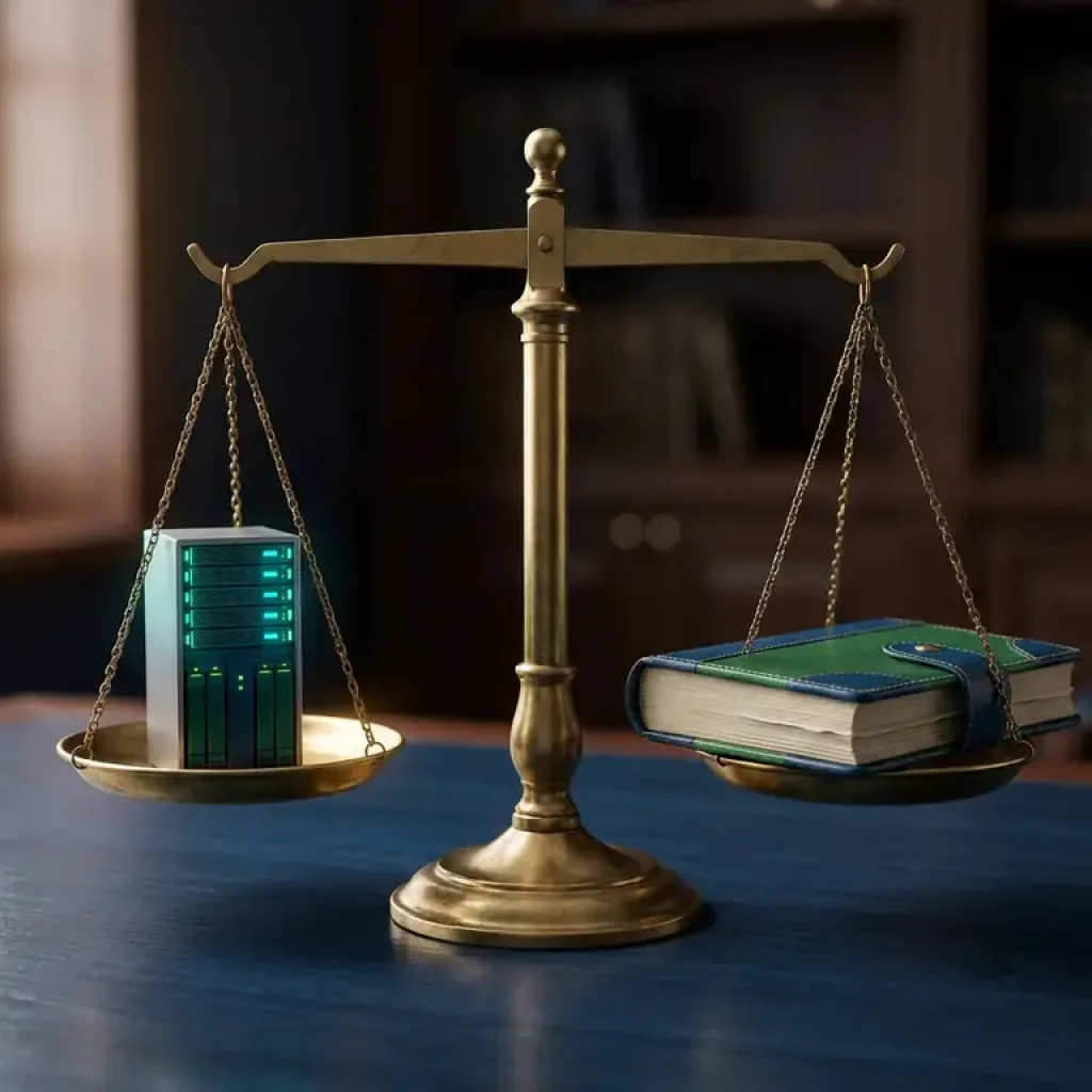 Eine Messingwaage auf einem marineblauen Schreibtisch, auf der eine leuchtende Servereinheit gegen ein Finanzbuch gewogen wird, mit türkisfarbenen und grünen Akzenten sowie sanfter, gerichteter Beleuchtung.