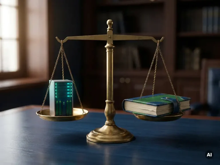 Brass balance scale on navy desk weighing a glowing server unit against a financial ledger, teal and green accents, soft directional lighting.