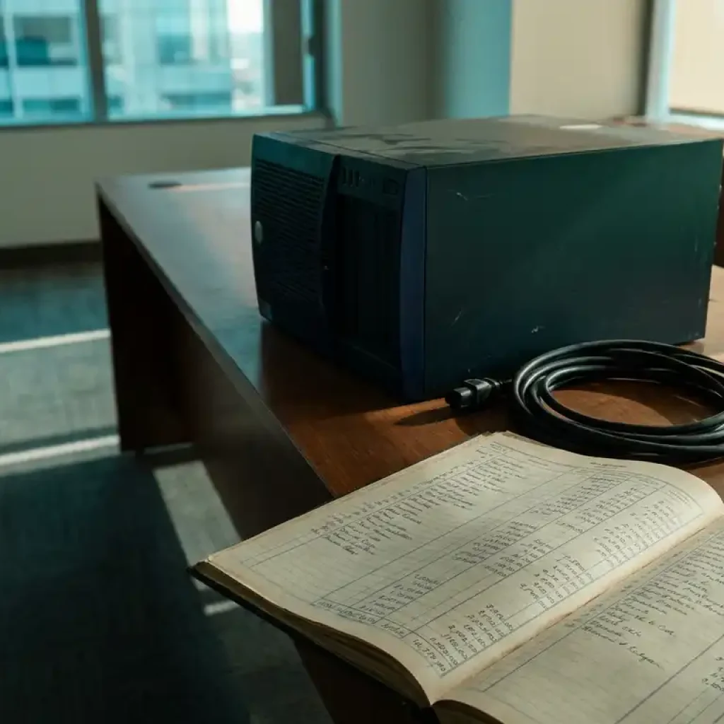 Decommissioned server tower unplugged beside an open financial ledger on a corporate desk, coiled power cable resting nearby in soft natural light.