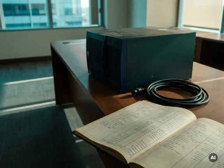 Decommissioned server tower unplugged beside an open financial ledger on a corporate desk, coiled power cable resting nearby in soft natural light.