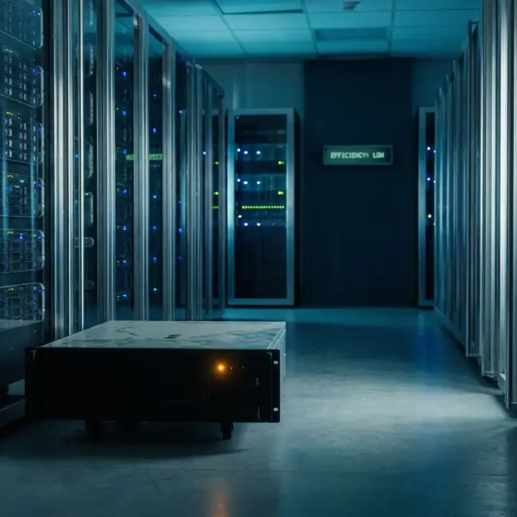 Silberne Server-Racks in einem marineblauen Rechenzentrum: ein stillstehendes Gerät, bedeckt von Staub und mit bernsteinfarbenen Akzenten, neben einem leuchtend grünen Effizienzanzeiger.