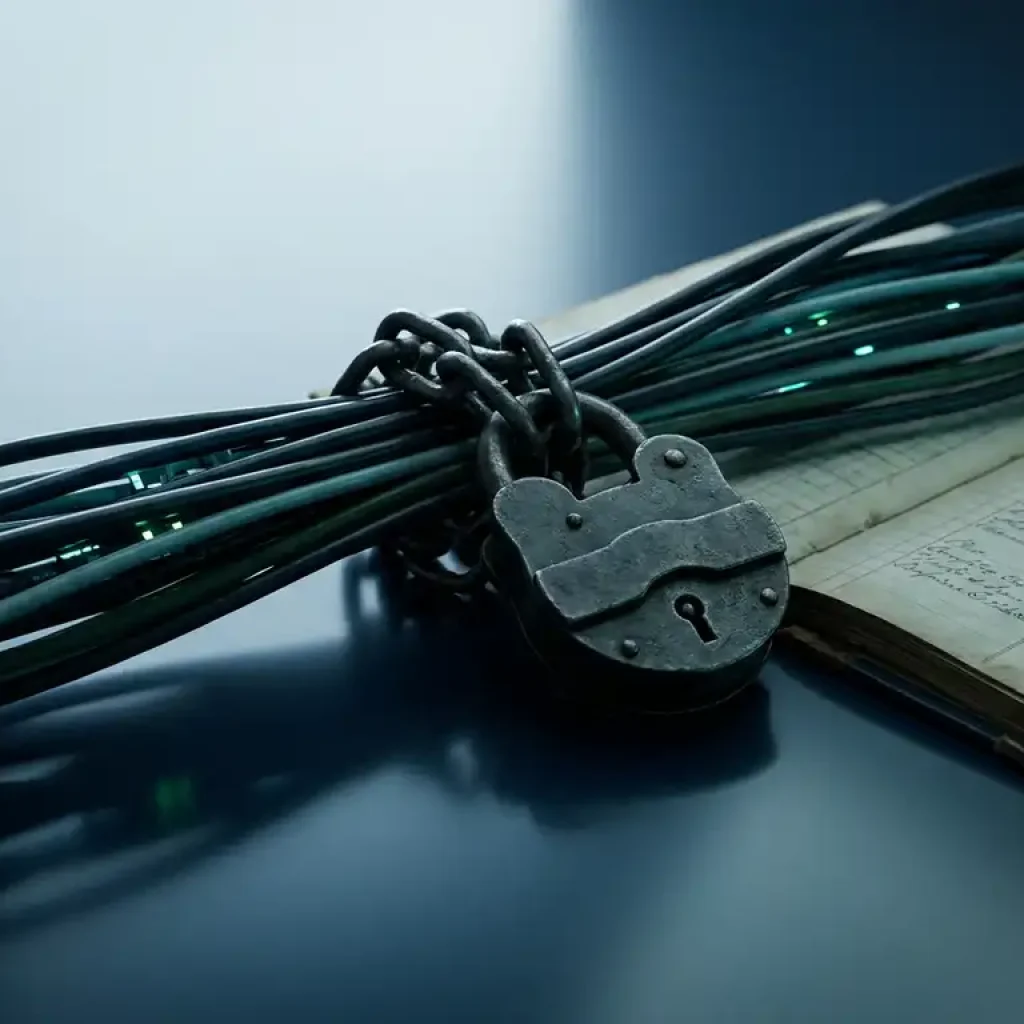 Ein schweres Vorhängeschloss aus Eisen, das Serverkabel auf einer dunkelblauen Fläche festkettet, darunter ein Finanzdokument, das die Kosten der Anbieterabhängigkeit symbolisiert.