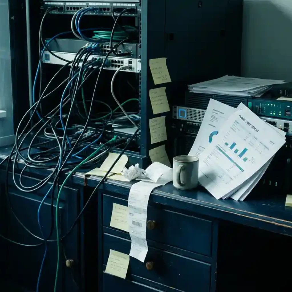 Verwickelte Server-Rack-Kabel, die auf einen marineblauen Schreibtisch neben einen aufgeklappten Cloud-Kostenbericht, Haftnotizen und Quittungen in sanftem Bürobeleuchtung liegen.