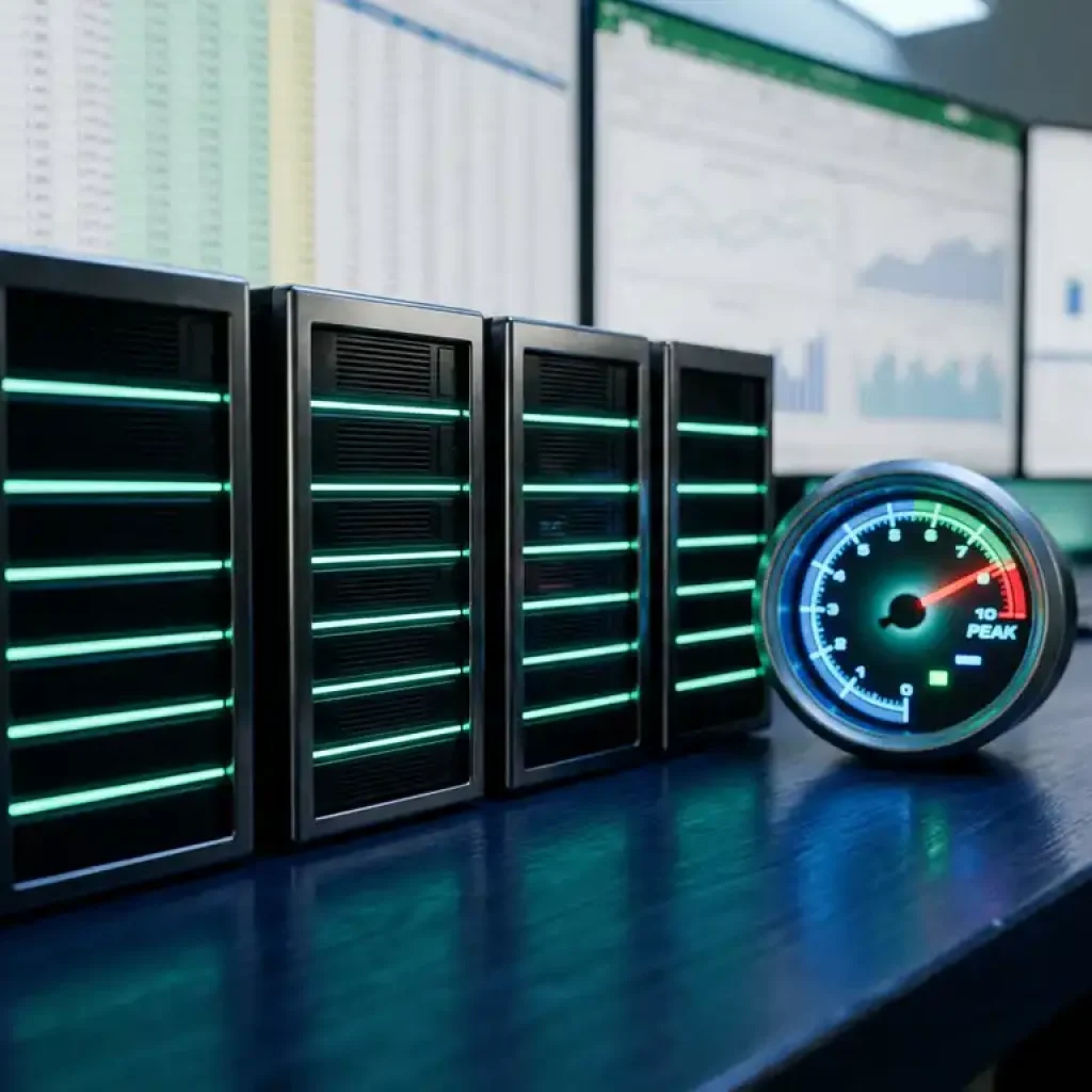 Auf einem Schreibtisch der Marine leuchten die Anzeigen des Server-Racks grün neben einer Armaturenbrettanzeige, die sich der maximalen Auslastung nähert; im Hintergrund sind Finanztabellen nur noch verschwommen zu erkennen.