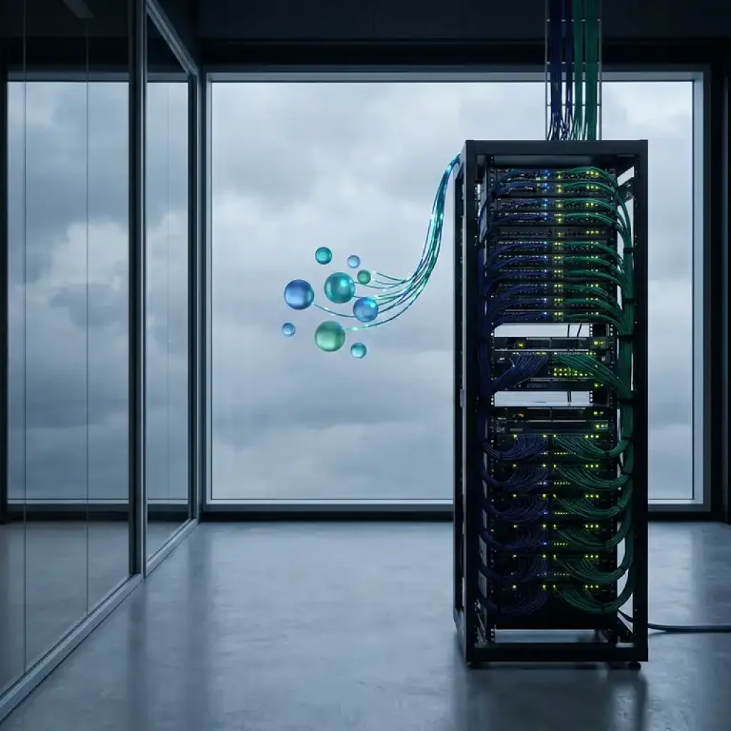 Ein Server-Rack in einem modernen Rechenzentrum neben einem raumhohen Fenster; Kabel, die mit schwebenden, durchscheinenden Wolkenknoten in Marineblau- und Smaragdtönen verbunden sind.