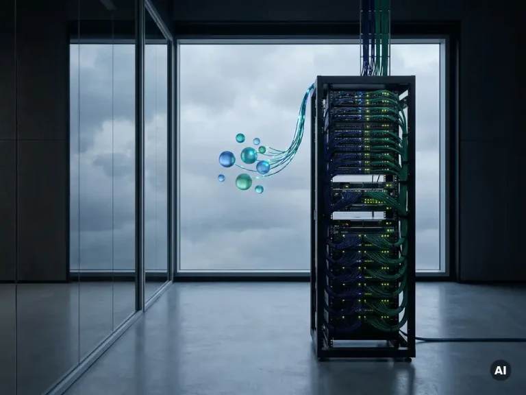 Server rack in a modern data center beside a floor-to-ceiling window, cables connecting to floating translucent cloud nodes in navy and emerald tones.