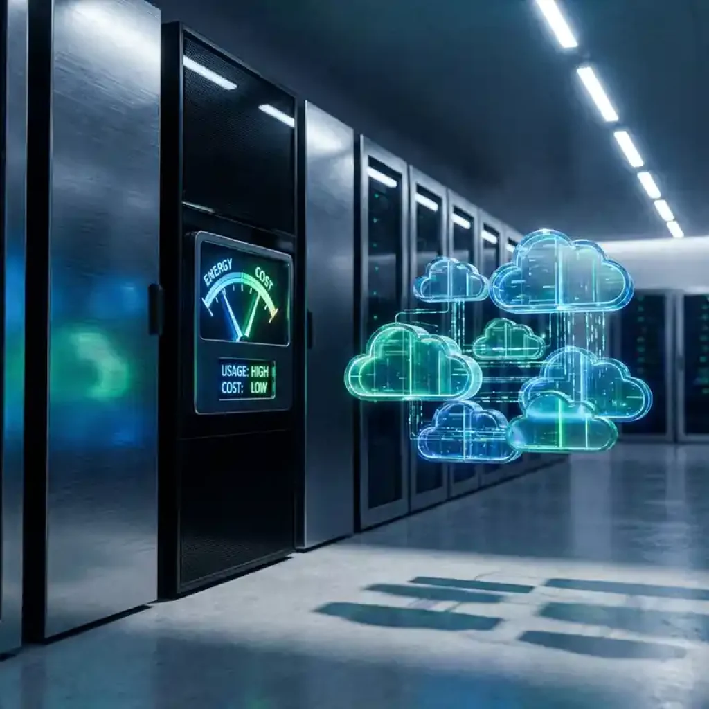 Server-Rack mit Energiezähler und Kostenanzeige neben Modulen einer „Floating Cloud“-Infrastruktur in einem modernen Rechenzentrumskorridor.